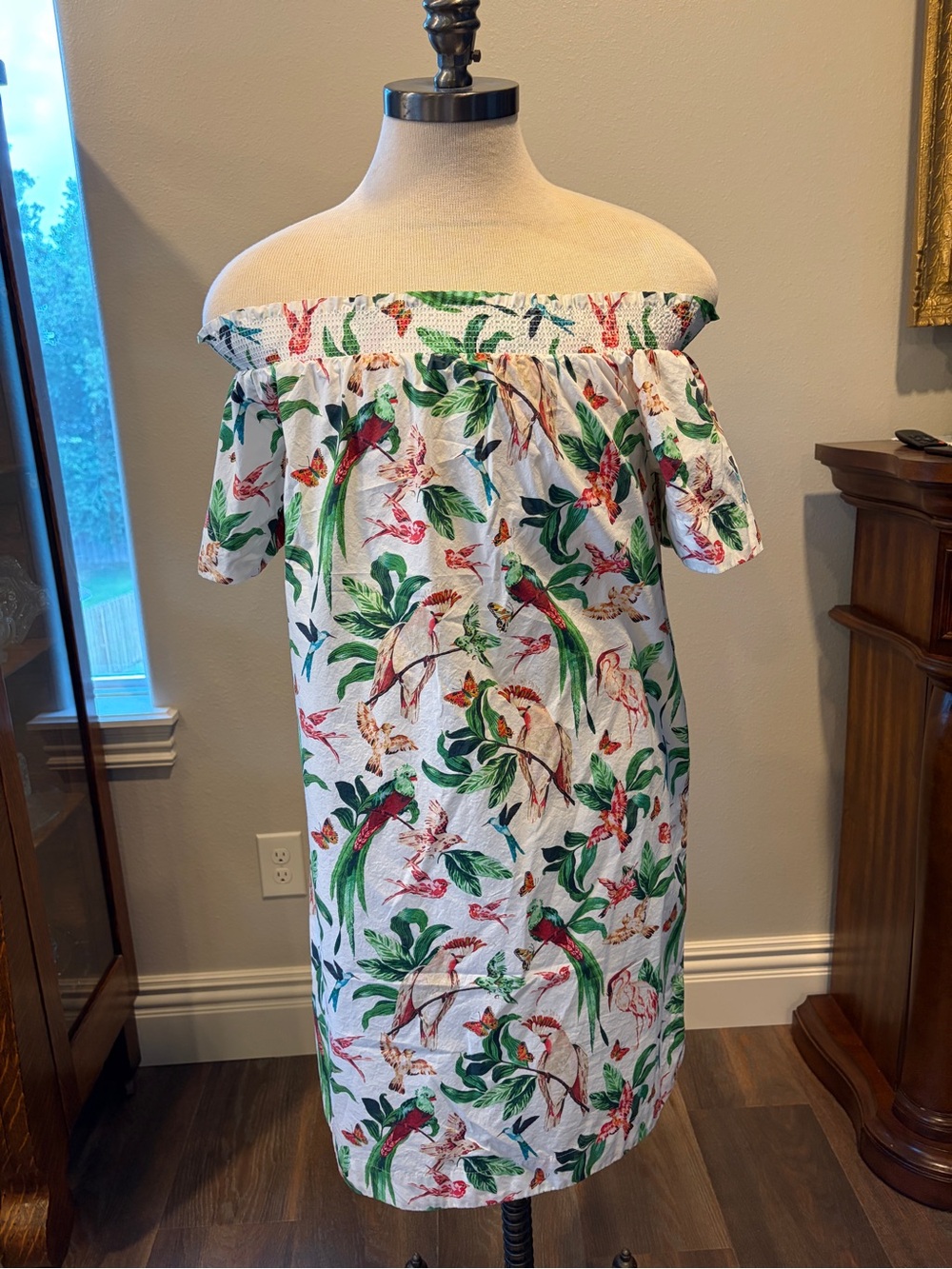 Ann Taylor Factory White Off-Shoulder Tropical Bird Print Midi Dress